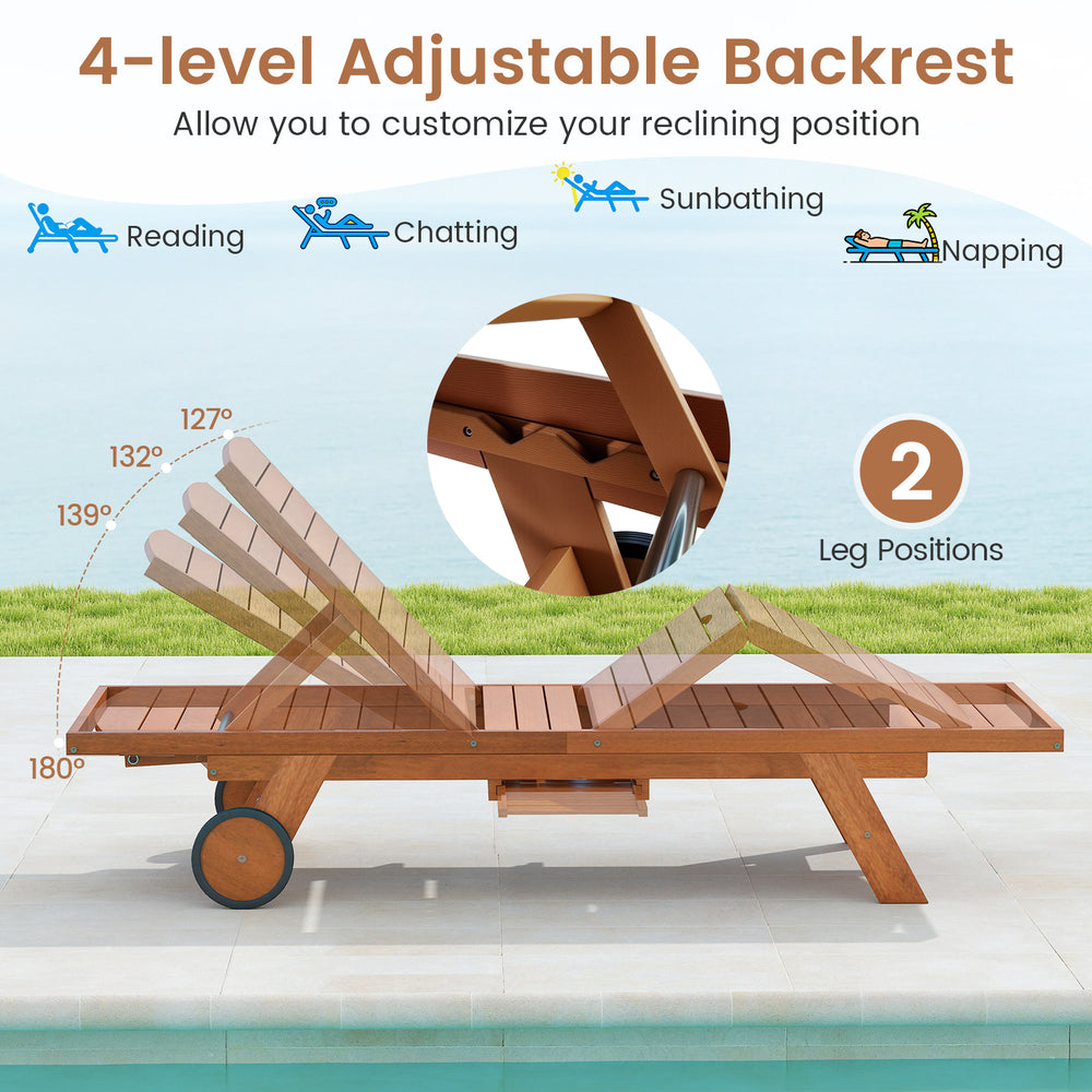Outdoor chaise lounge chair with wheels, 4-position adjustable backrest, perfect for sunbathing and relaxation by the.