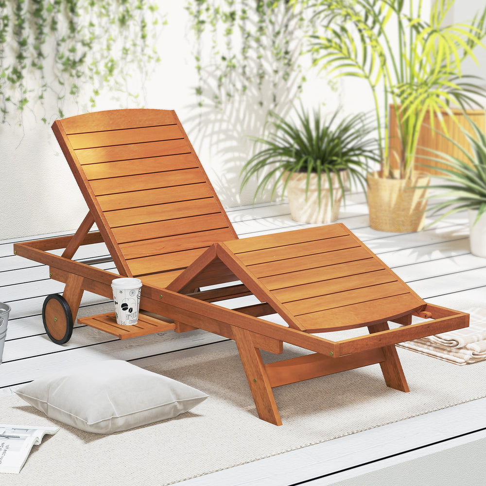 Side view of the outdoor chaise lounge chair with wheels, showcasing its rustic wood grain and ergonomic reclining.