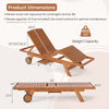 Outdoor chaise lounge chair with wheels, solid wood construction, 4-position adjustable backrest, perfect for patio.