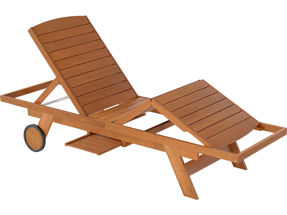 Outdoor Chaise Lounge Chair with Wheels 4-Position Patio Wood Recliner with Adjustable Backrest