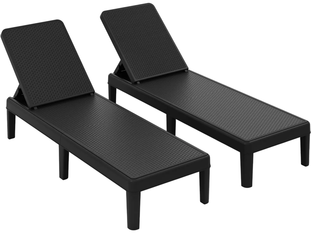Set of 2 black outdoor chaise loungers with adjustable backrests and waterproof rattan textured PP surface for.