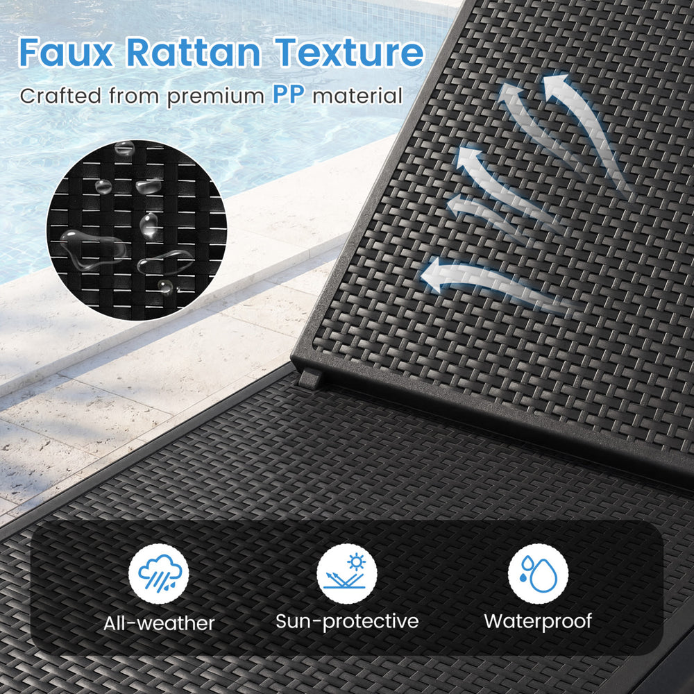 Faux rattan texture of the black outdoor chaise lounger chair, crafted from waterproof PP material for sun protection.
