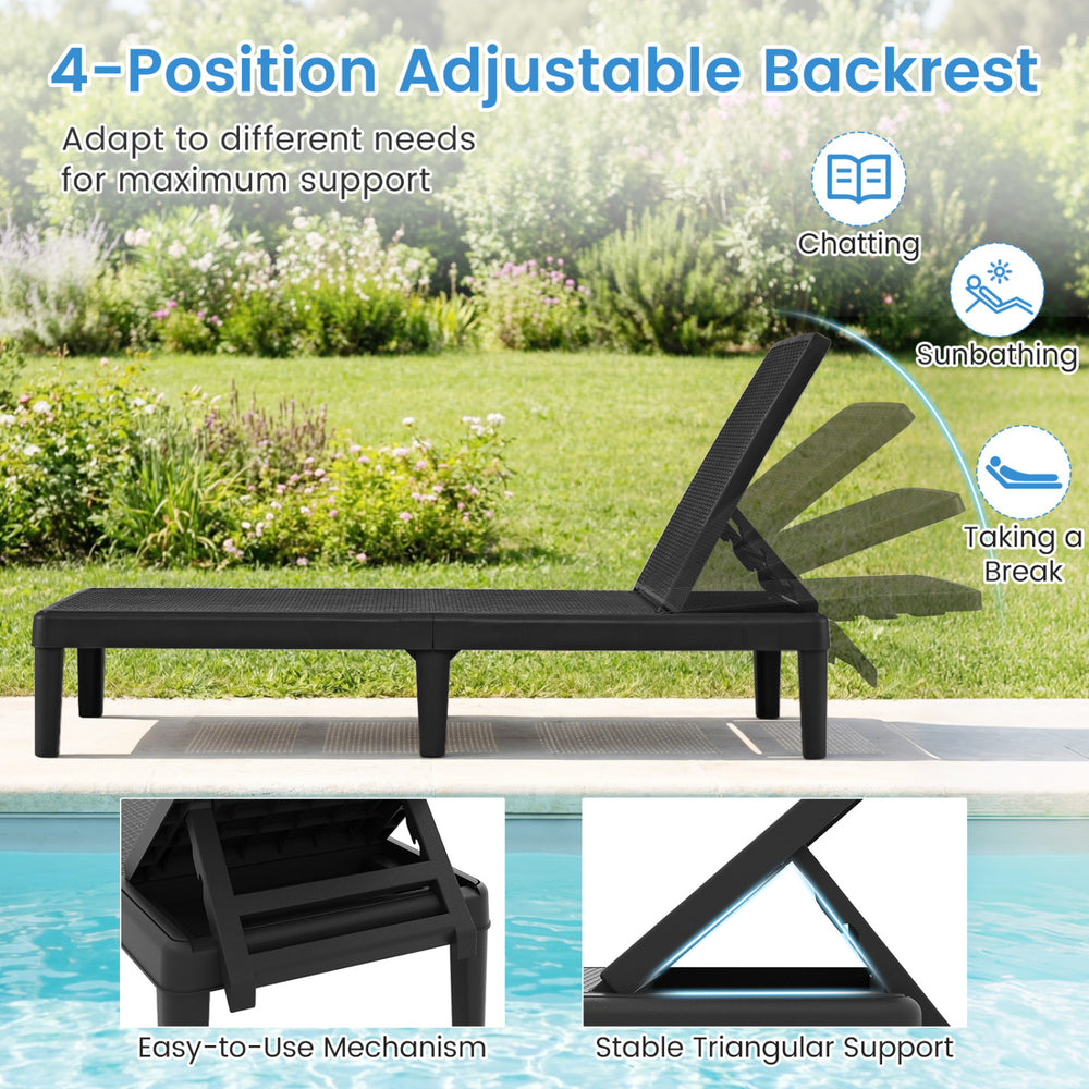 Black outdoor chaise lounger chair with waterproof rattan textured surface, adjustable backrest for sunbathing or.