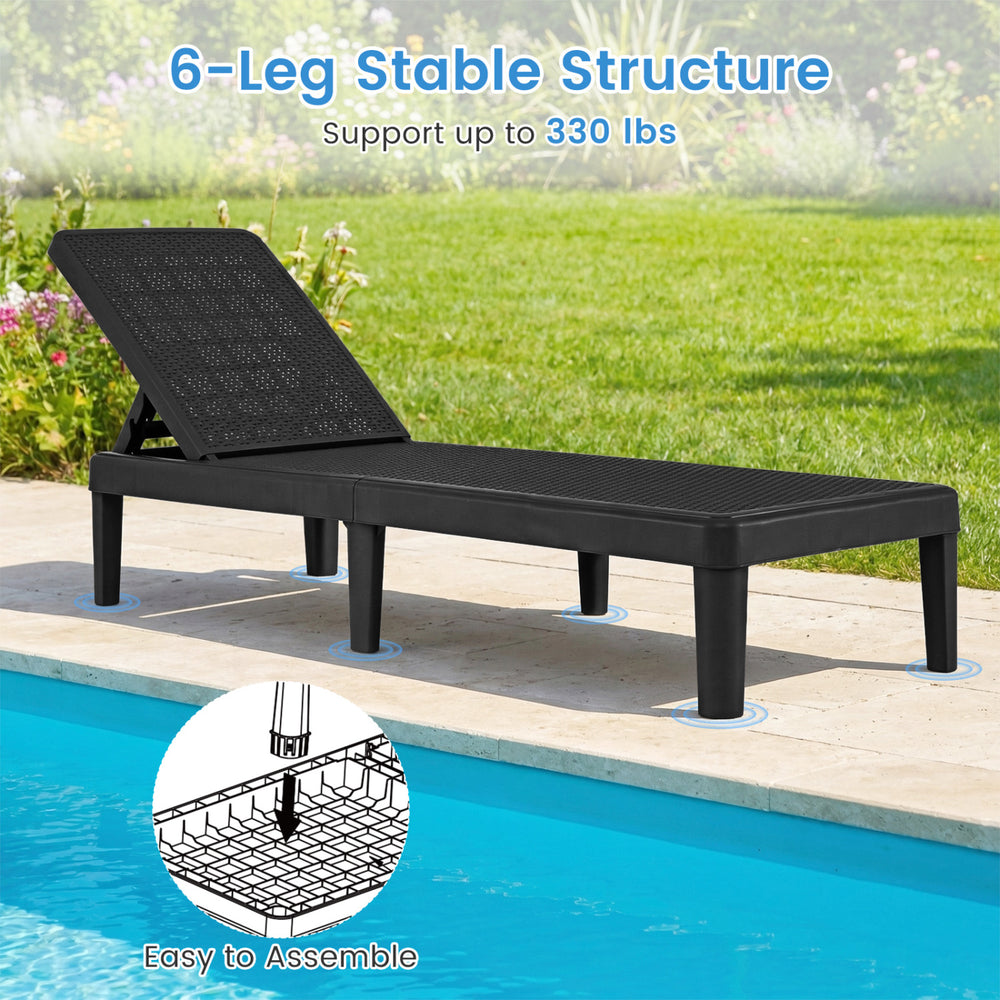 Black outdoor chaise lounger with waterproof rattan textured surface, 330 lbs capacity, adjustable backrest for comfort.