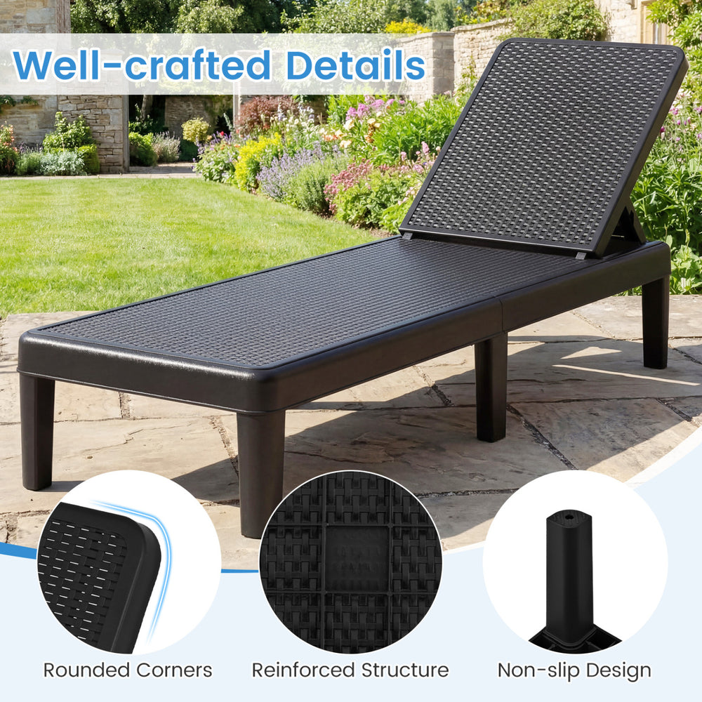 Black outdoor chaise lounger chair with waterproof rattan texture, adjustable backrest, and 330 lbs capacity for.