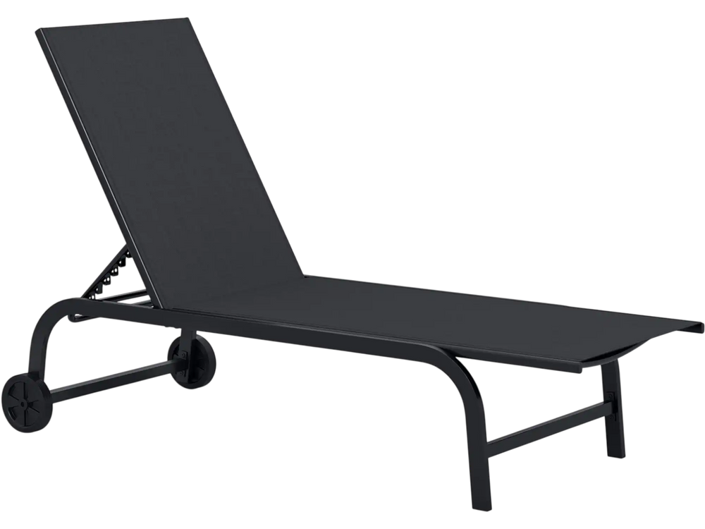 Black outdoor chaise lounge chair with wheels and metal frame, perfect for relaxing in your backyard or patio.