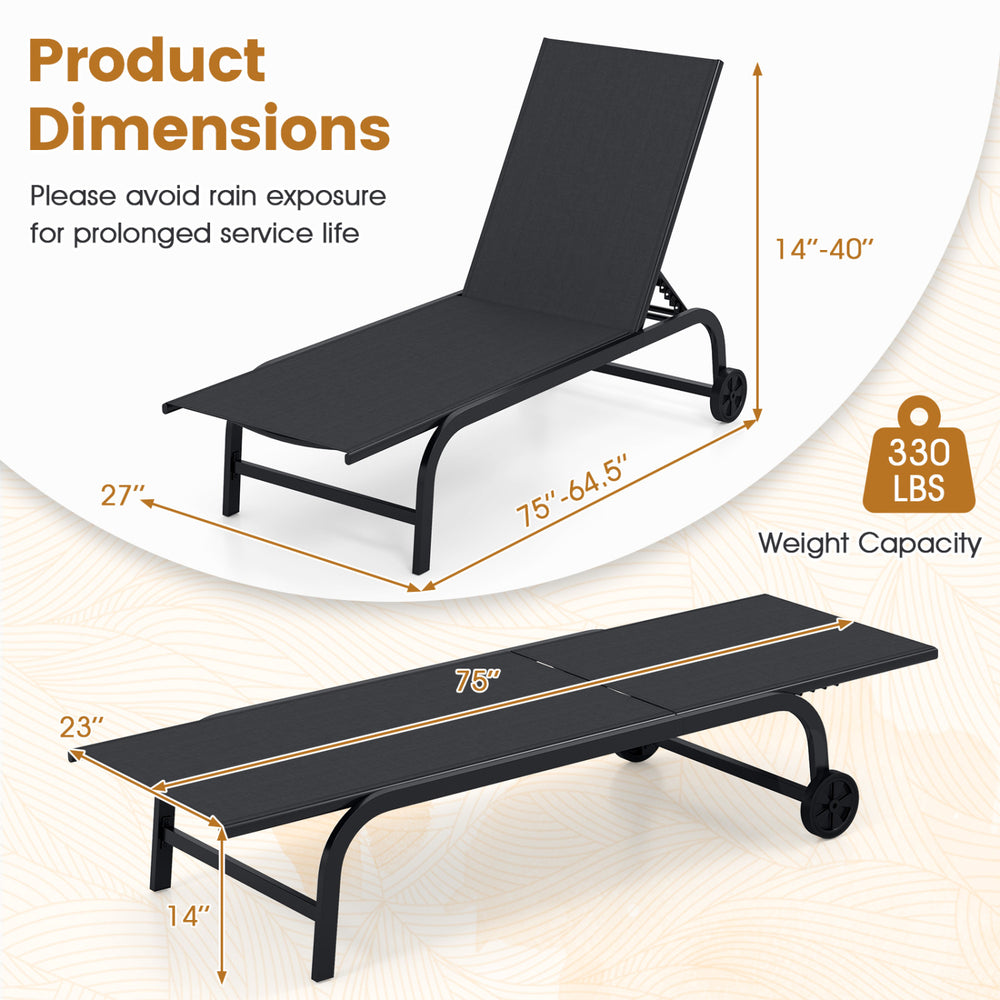 Black outdoor chaise lounge chair with wheels, metal frame, adjustable backrest, 75" long, 330 lbs capacity.