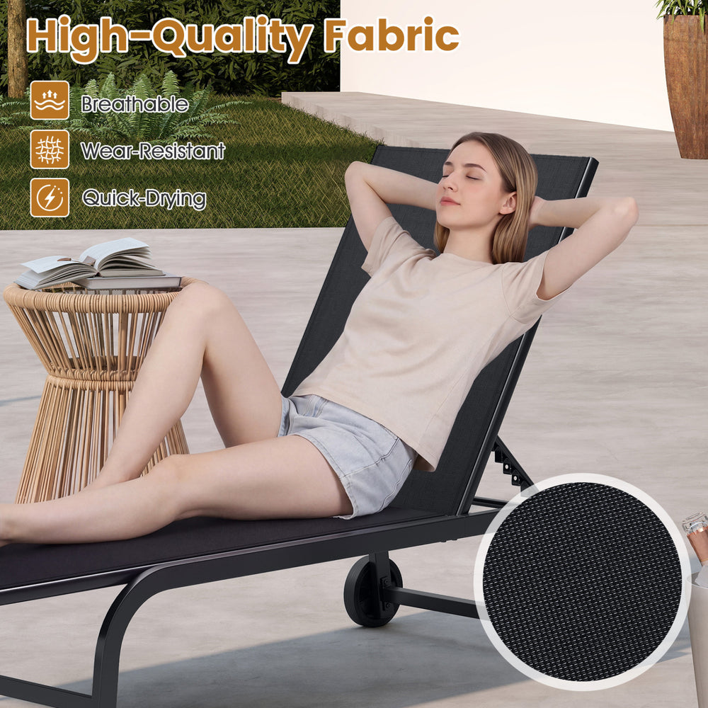 Outdoor chaise lounge chair in black with wheels, featuring breathable, wear-resistant fabric for comfortable.