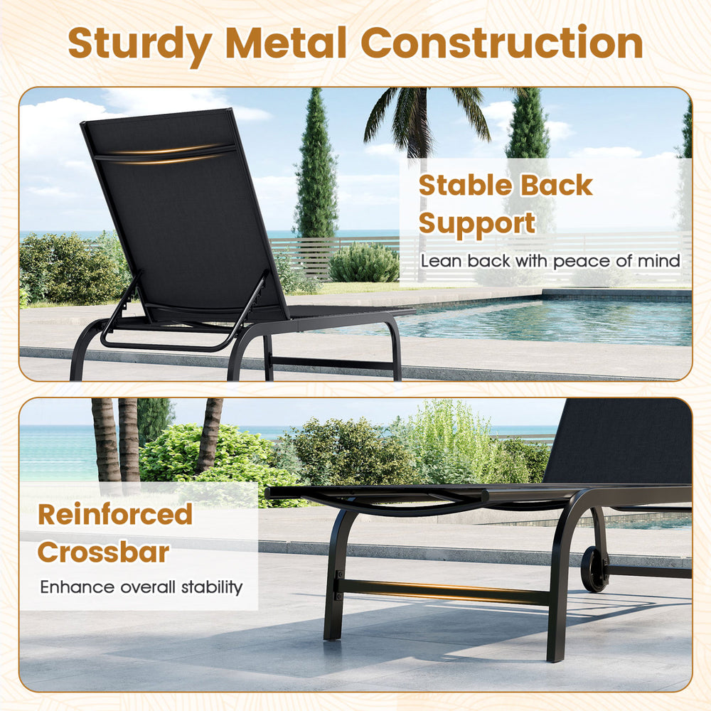 Outdoor chaise lounge chair with wheels, featuring a sturdy black metal frame and stable back support for relaxation.