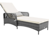 Gray PE rattan outdoor chaise lounge chair with 6-level backrest, removable cushions, and widened armrests for comfort.