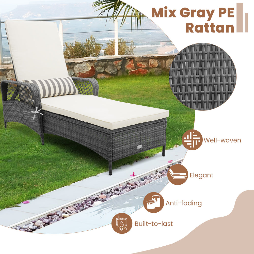 Outdoor chaise lounge chair in mix gray PE rattan with adjustable backrest and removable cushions for poolside.
