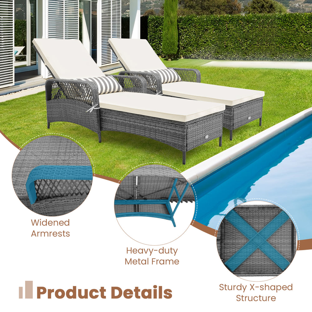 Outdoor chaise lounge chair recliner in gray PE rattan with widened armrests, adjustable backrest, perfect for poolside.