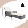 Outdoor chaise lounge chair recliner in gray PE rattan with adjustable backrest and removable cushions for poolside.