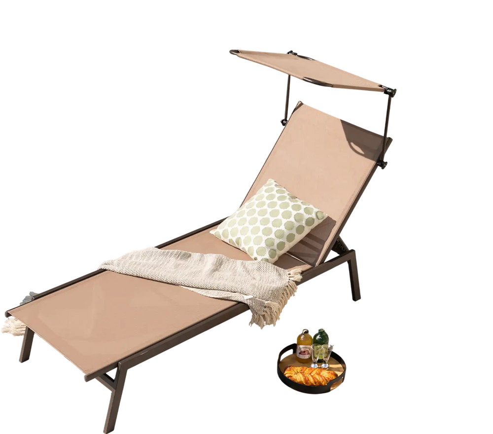 Brown outdoor chaise lounge chair with adjustable sunshade, 6-position backrest, and sturdy metal frame for poolside.