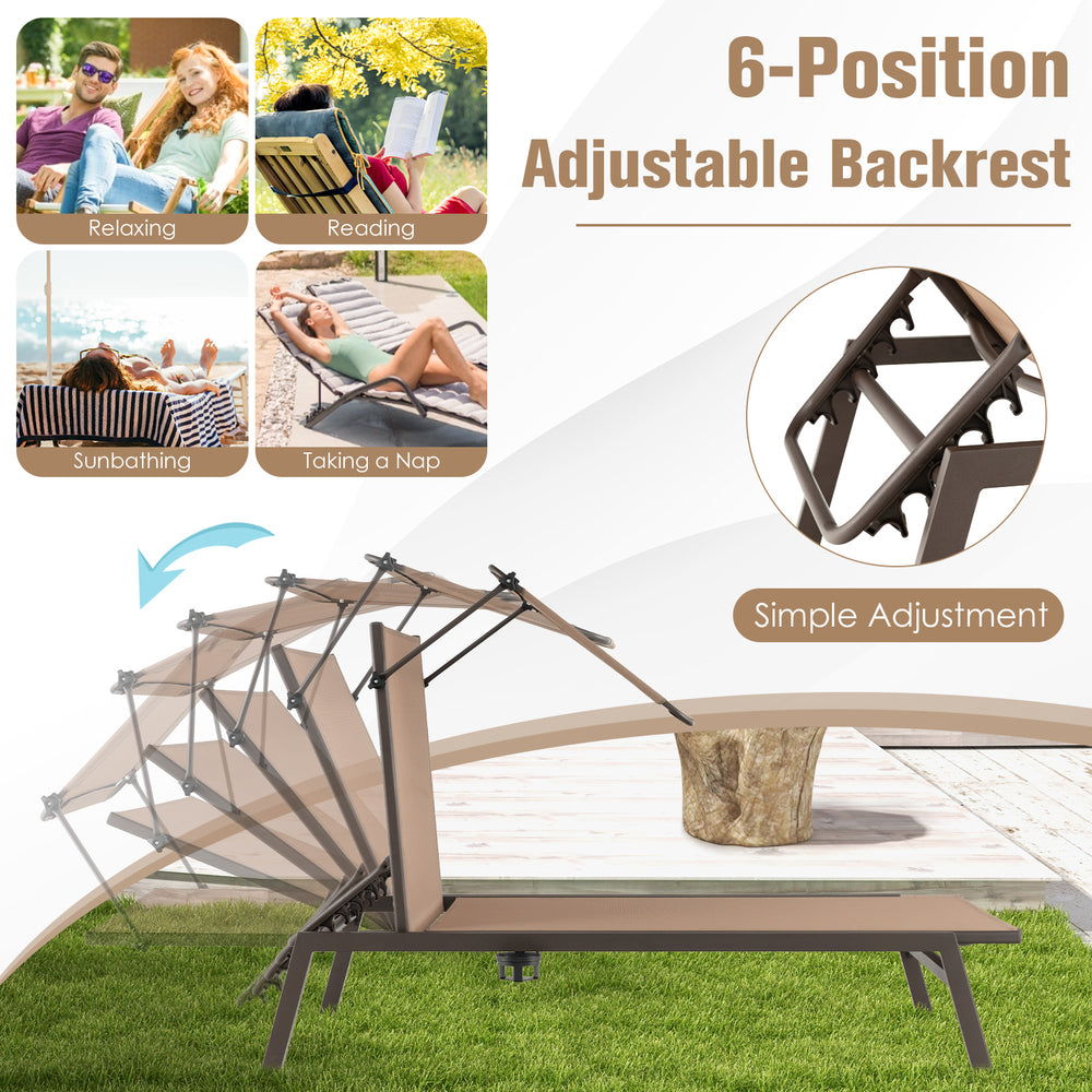 Adjustable outdoor chaise lounge chair in brown with sunshade, featuring 6-position backrest for versatile relaxation.