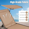 Brown outdoor chaise lounge chair with adjustable sunshade and breathable, quick-drying fabric for poolside relaxation.