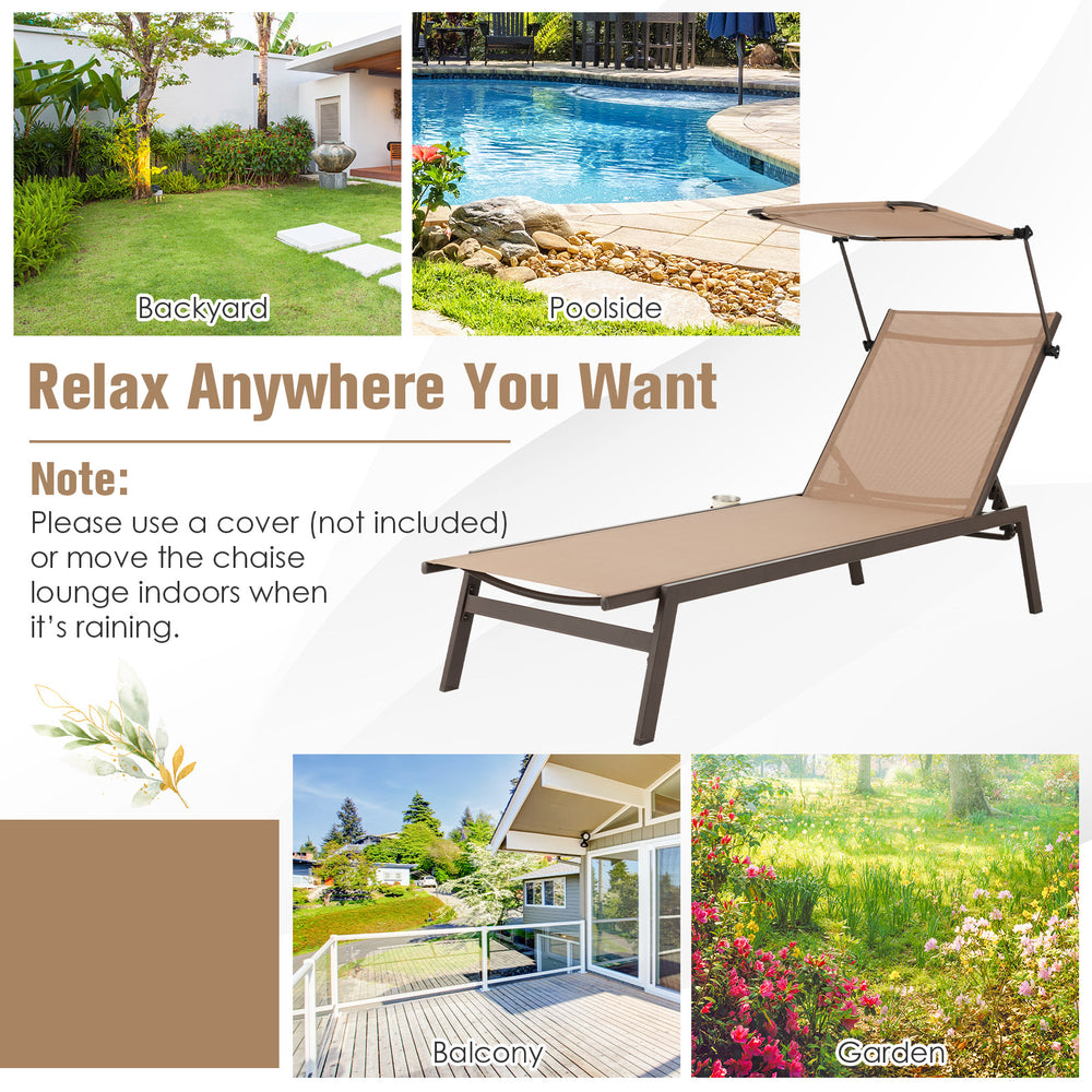Outdoor chaise lounge chair in brown with adjustable sunshade and 6 backrest positions, perfect for garden or poolside.
