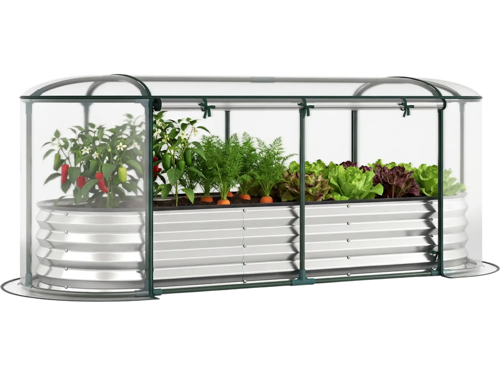 Outdoor color steel raised garden bed with greenhouse cover, featuring a roll-up window for versatile planting and.