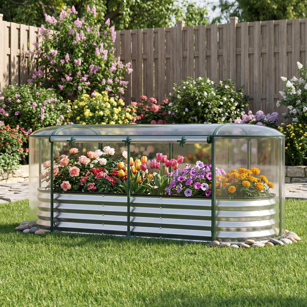 Outdoor Color Steel Raised Garden Bed with Greenhouse Cover Roll-up Window-Silver - Gallery View 1 of 10