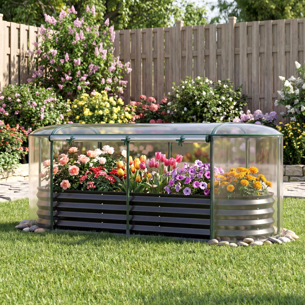Outdoor Color Steel Raised Garden Bed with Greenhouse Cover Roll-up Window-Black - Gallery View 1 of 10