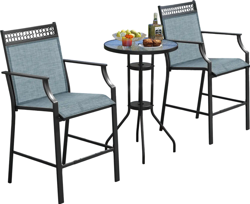 Two outdoor counter stools with armrests and footrests in blue, perfect for cafes and balconies by the pool.