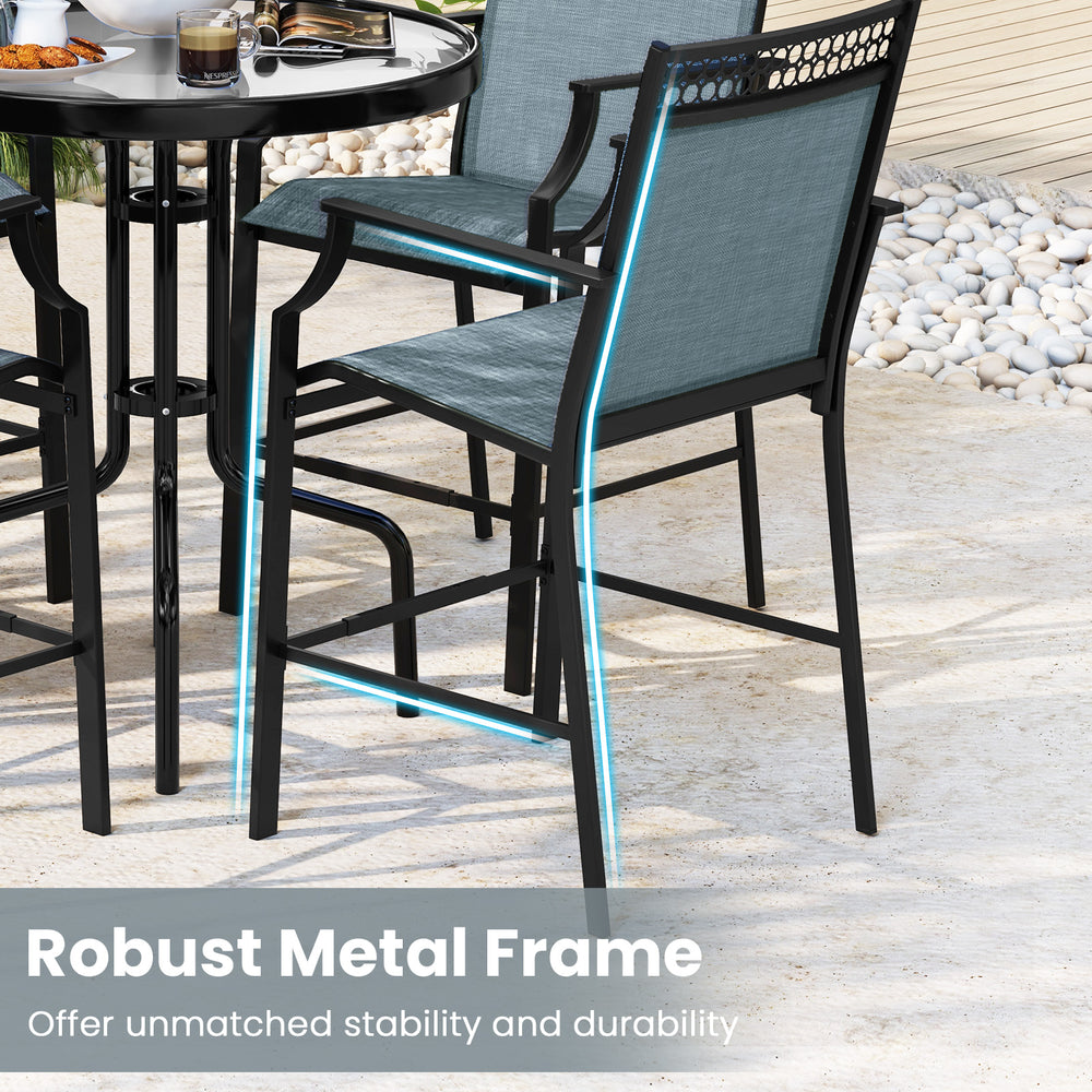 Outdoor counter stools set of 2 with robust metal frame, blue fabric, and footrest, perfect for cafes and balconies.