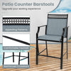 Outdoor counter barstool with blue fabric, metal frame, footrest, and armrests, ideal for cafes and balconies.
