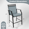 Outdoor counter stool dimensions showing a heavy-duty metal frame, blue fabric, and 400 lbs weight capacity for cafes.