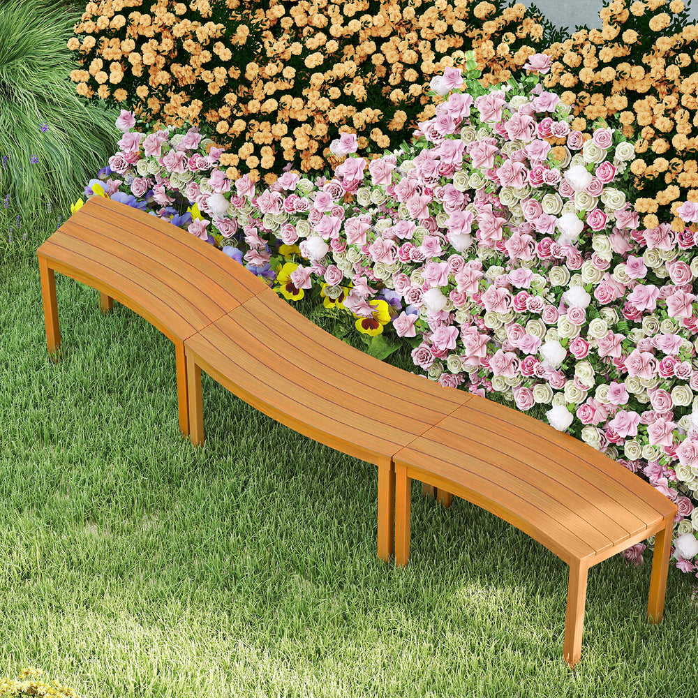 Curved acacia wood bench set of 3 for outdoor spaces, featuring a slatted design and smooth finish for comfort.
