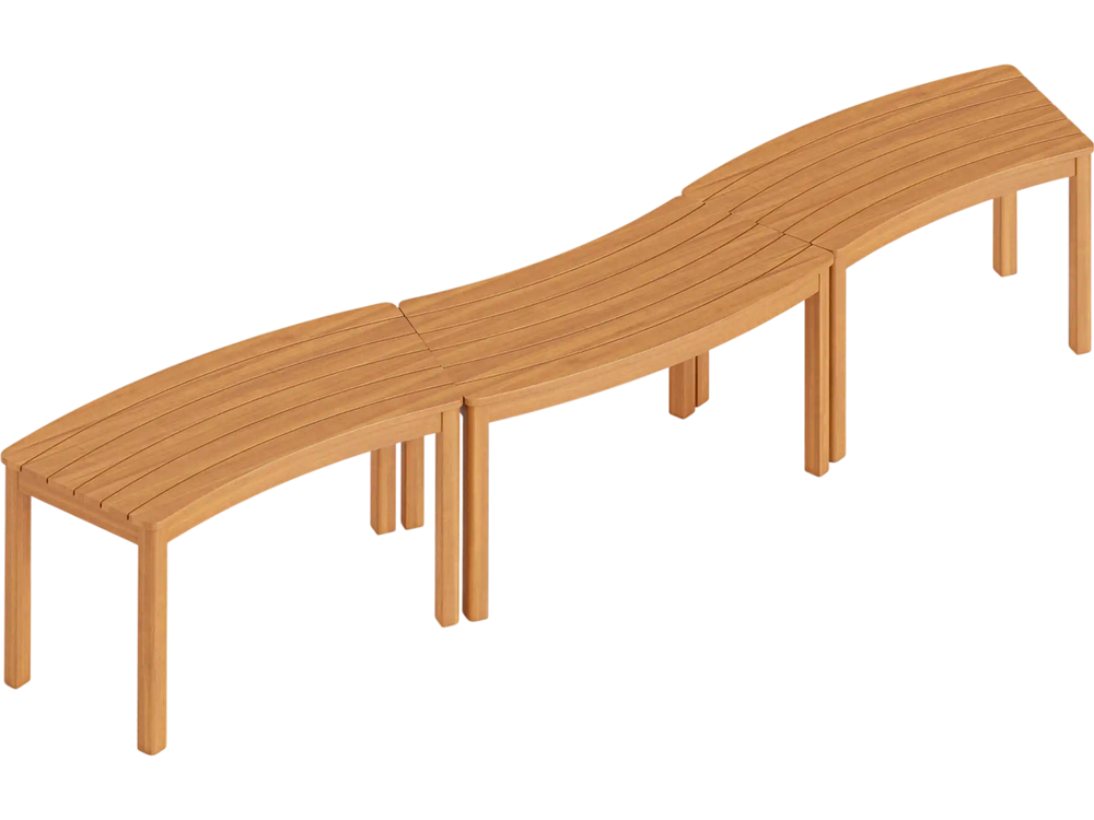 Curved acacia wood bench set of 3 for outdoor use, featuring slatted seats and a smooth, splinter-free surface.