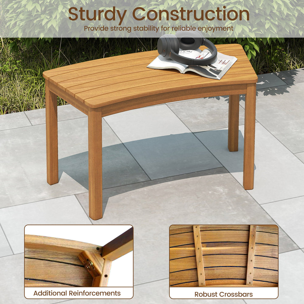 Curved acacia wood bench with slatted seat and smooth surface, ideal for outdoor porch or patio use.