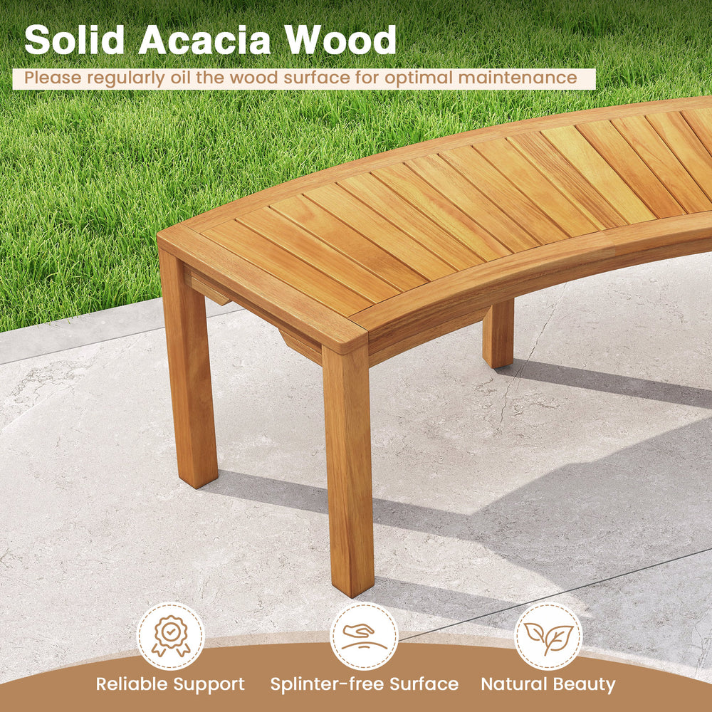 Curved acacia wood garden bench with a splinter-free surface, designed for two people, ideal for outdoor relaxation.