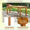 Curved acacia wood garden bench with sturdy construction, central support leg, and triangular reinforcements for.