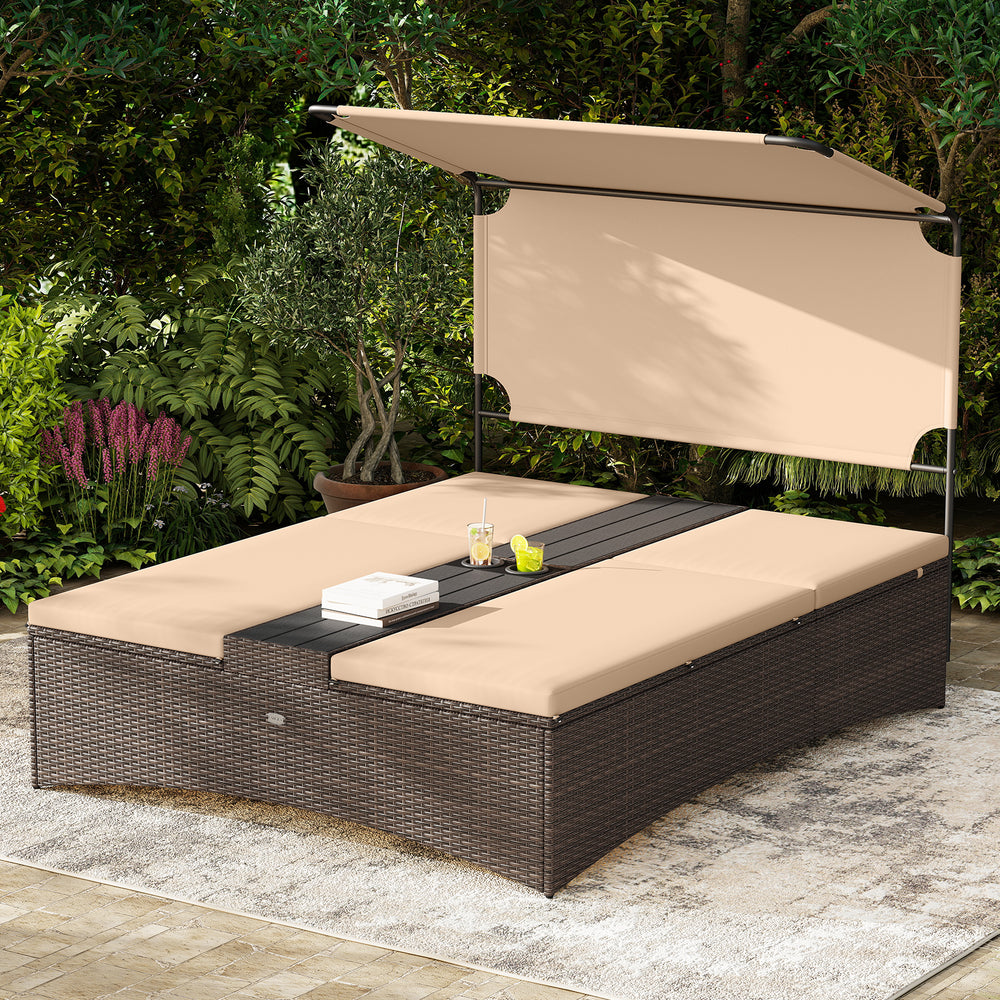 Outdoor daybed with adjustable backrests in brown PE rattan, featuring a sun-protective canopy and built-in tabletops.