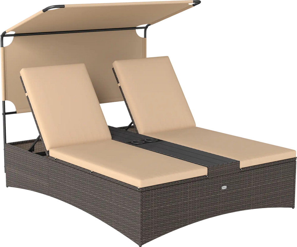 Outdoor daybed with adjustable backrests in brown PE rattan, featuring a sun-protective canopy and cup holders for.