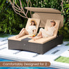 Outdoor daybed for 2 with adjustable backrests, soft cushions, and sun-protective canopy, perfect for patio relaxation.