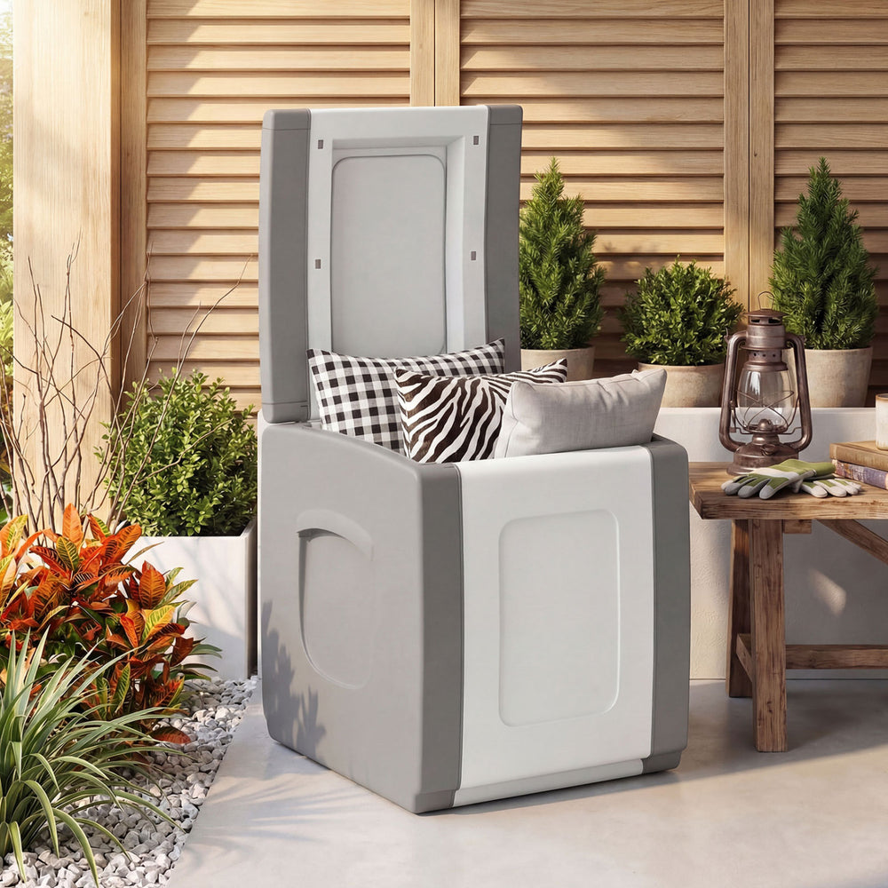 Outdoor deck box in gray with lid, made of waterproof PP material, doubles as a side table for patio convenience.