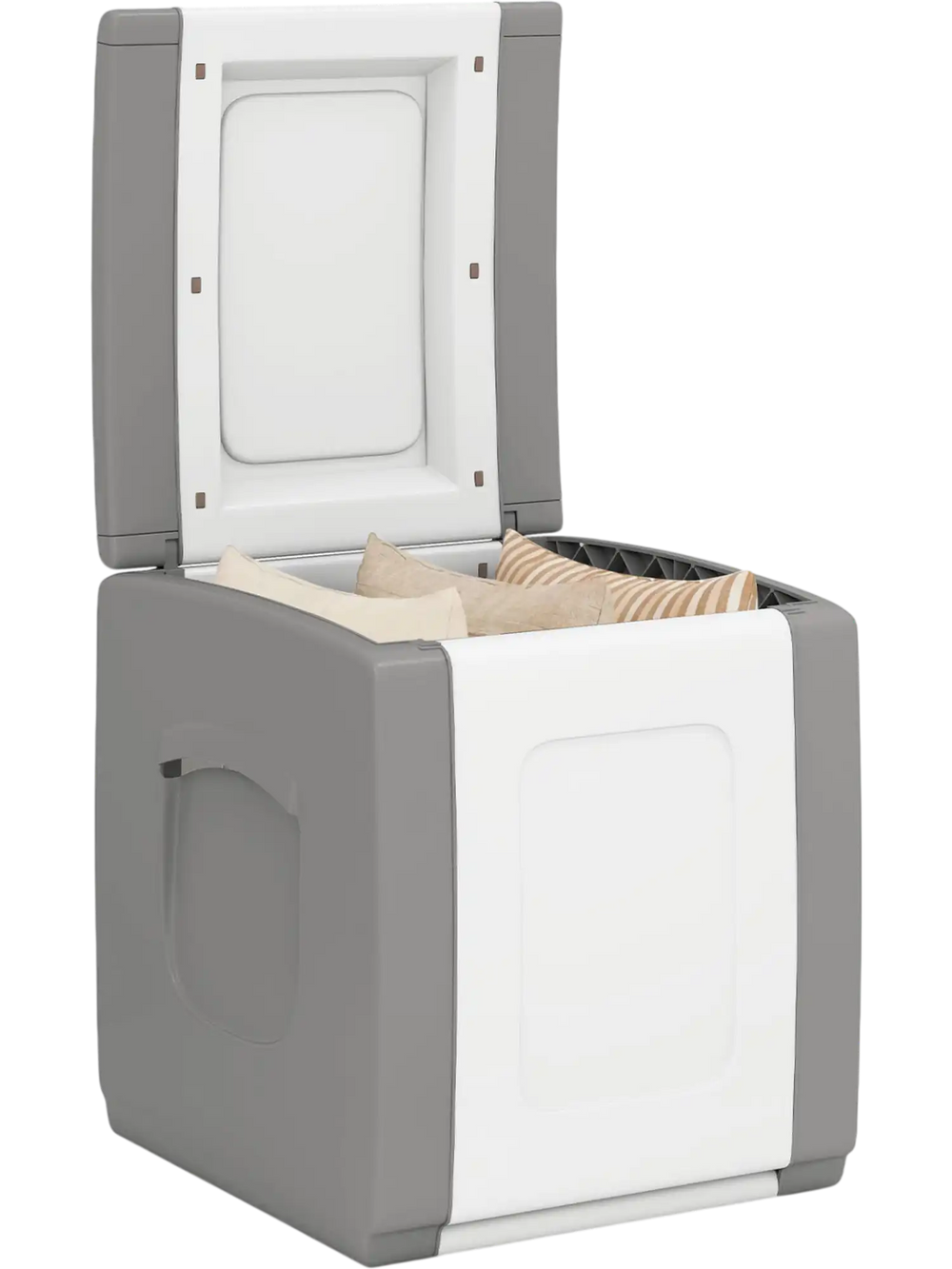 Gray outdoor deck box with lid, waterproof PP material, large capacity for storage, doubles as a side table.