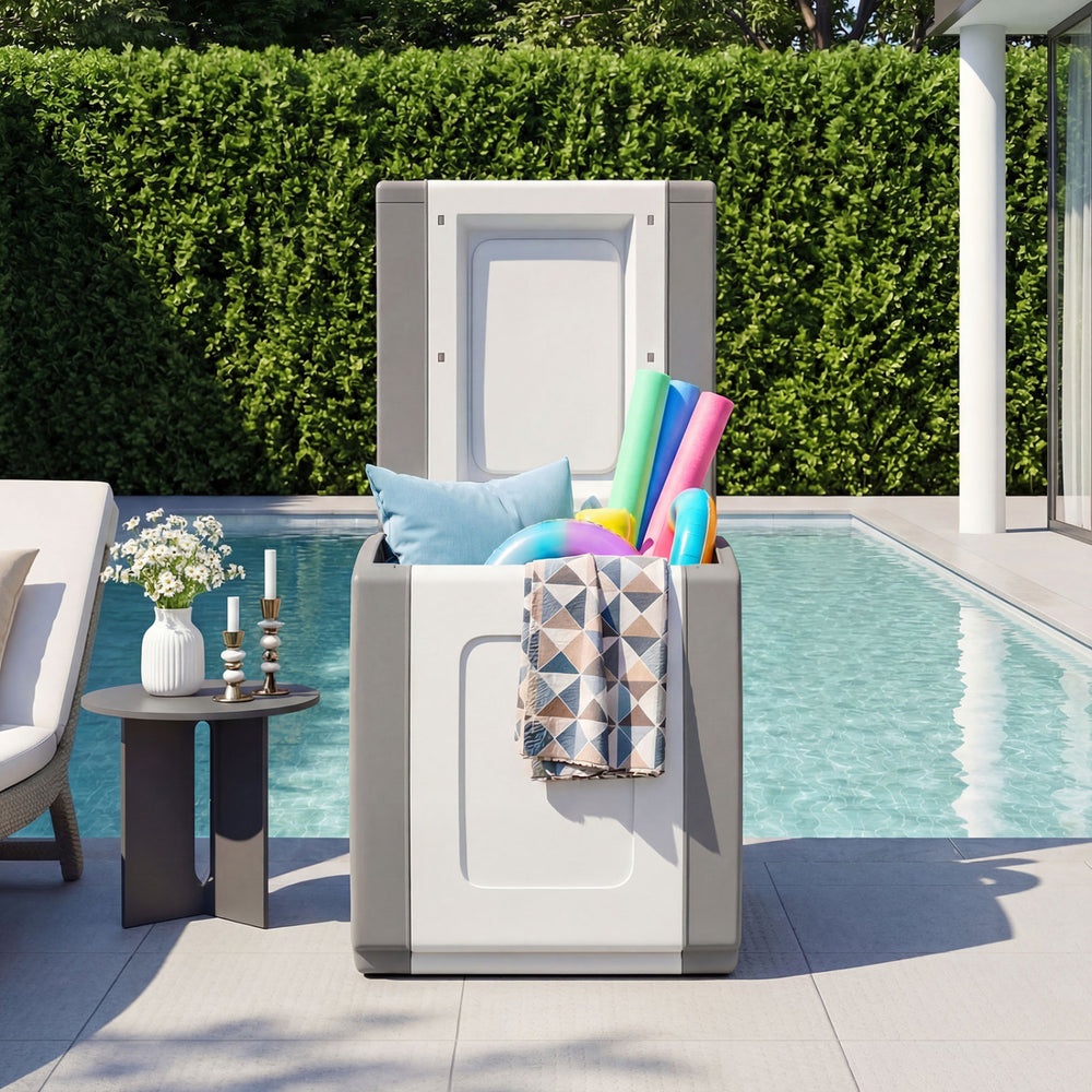 Gray outdoor deck box with lid, waterproof PP material, large capacity for garden supplies, doubles as a side table.