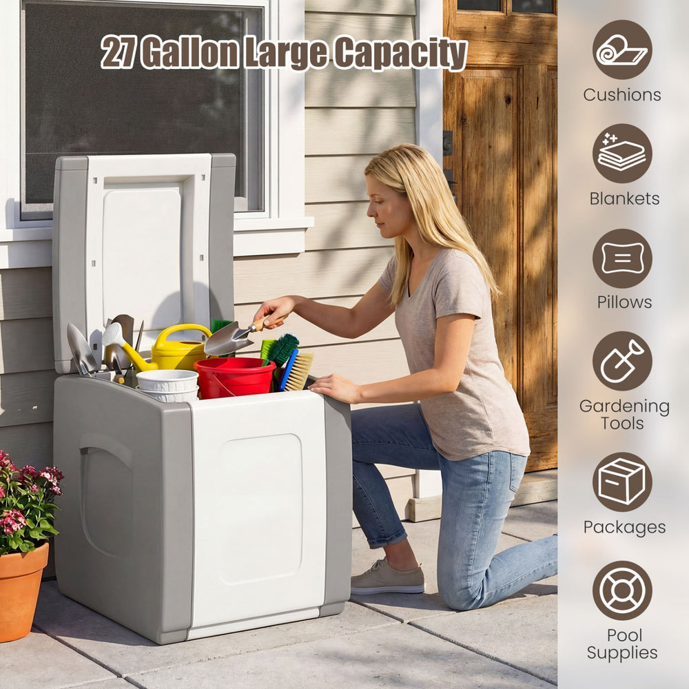 Outdoor deck box in gray with lid, showcasing large 27-gallon capacity for storing cushions and garden tools.