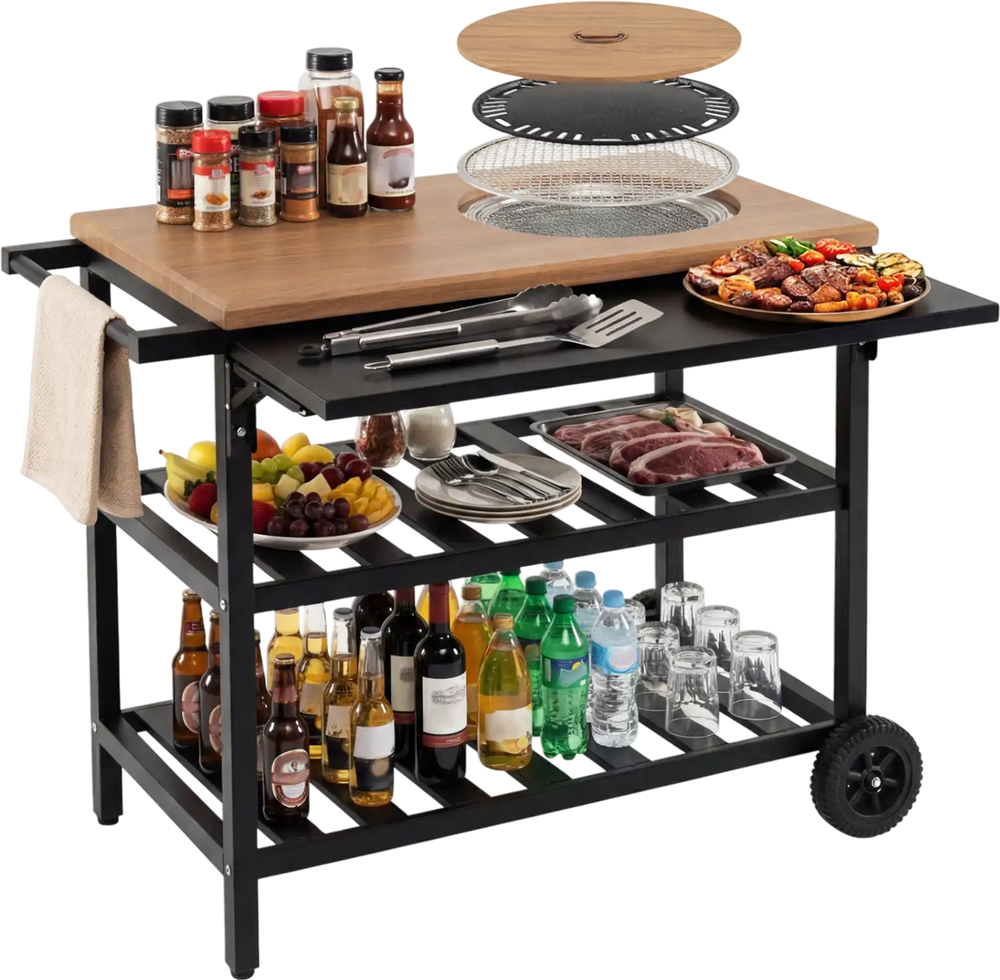 Outdoor Dining Cart with BBQ Grill and Folding Side Panel