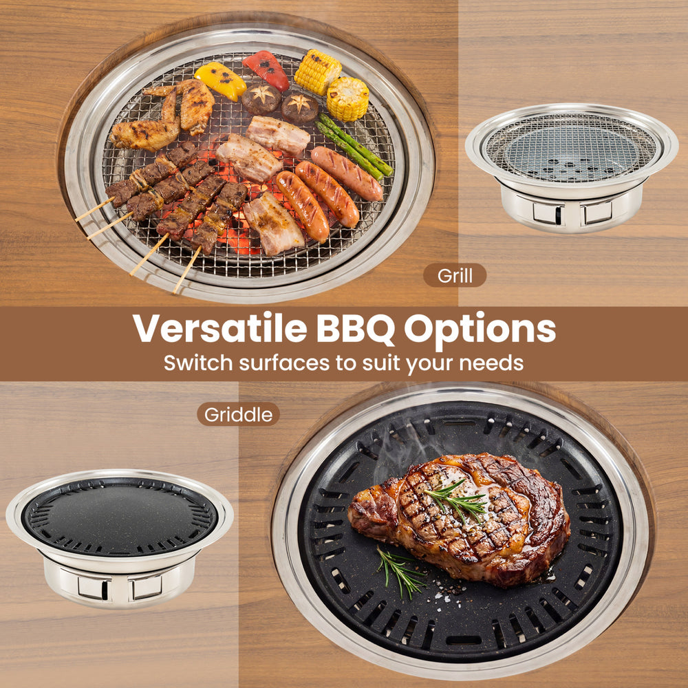Outdoor dining cart featuring a Korean BBQ grill with dual cooking surfaces and a spacious foldable countertop.