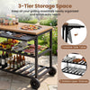 Outdoor dining cart with BBQ grill, featuring a spacious countertop, foldable side panel, and 2 slatted open shelves.
