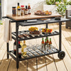 Outdoor dining cart with BBQ grill, featuring a spacious wood-grain top and lower shelves for organized food prep.