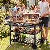 Outdoor dining cart with BBQ grill, featuring a spacious countertop and dual cooking surfaces for versatile food.