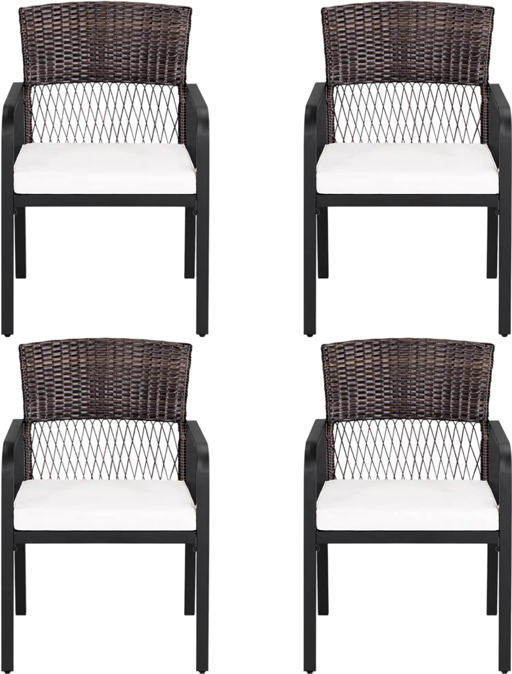 Set of 4 outdoor dining chairs with padded cushions, made of PE rattan and powder-coated metal frame for patio use.