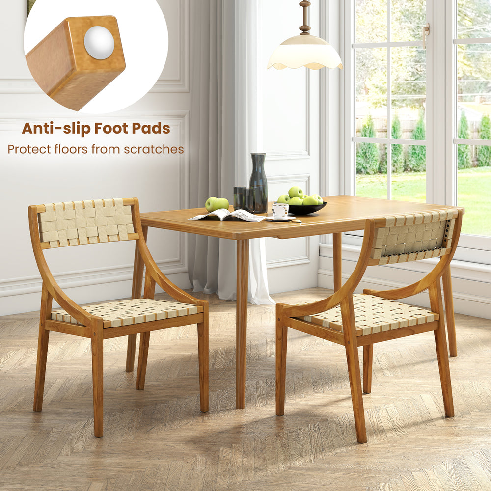Natural outdoor dining chair with webbing seat and backrest, made of solid teak wood, featuring anti-slip foot pads.