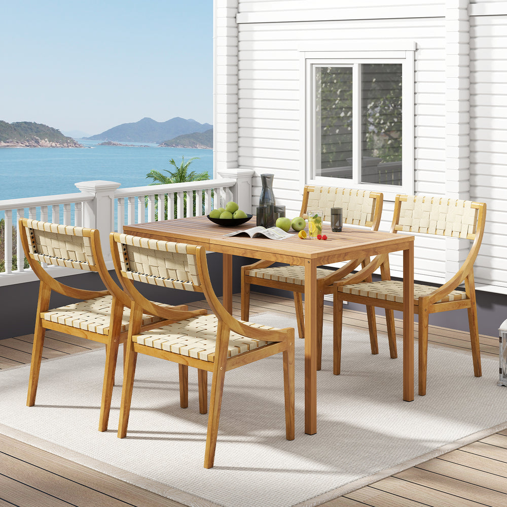 Outdoor dining chair with webbing seat in natural teak, designed for comfort and durability, perfect for patio use.