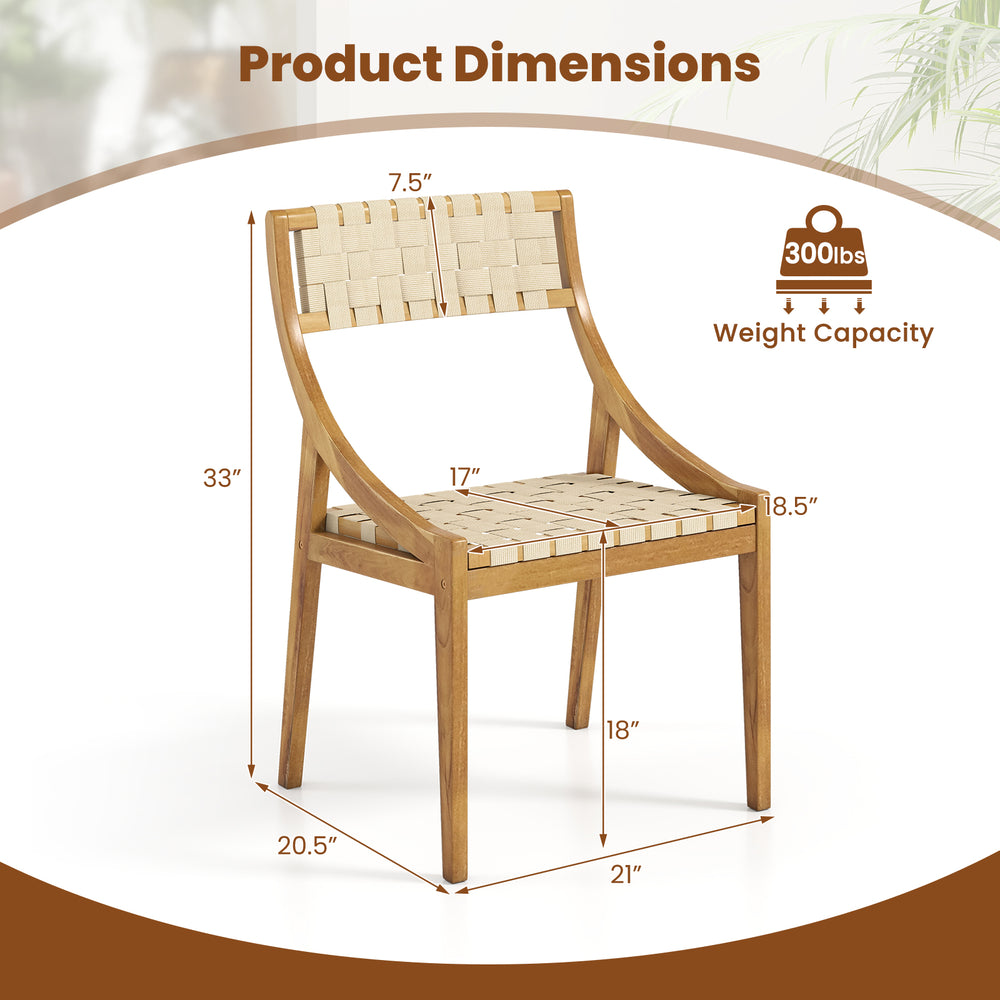 Outdoor dining chair with webbing seat, solid teak wood, ergonomic design, 300 lbs capacity, ideal for indoor and.