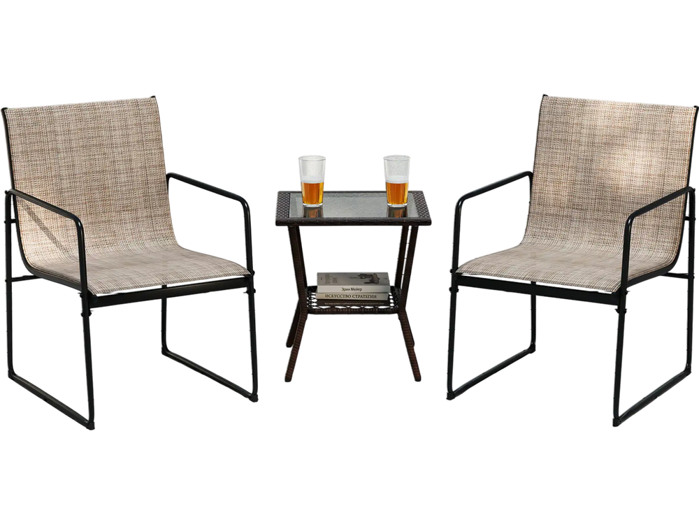 Two brown outdoor dining chairs with breathable seats and a small table, perfect for patio relaxation.